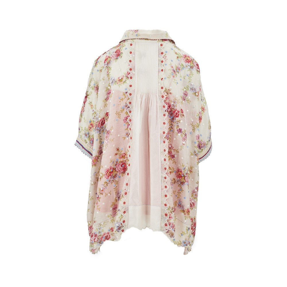 Camicia in cotone e seta stampata e ricamata