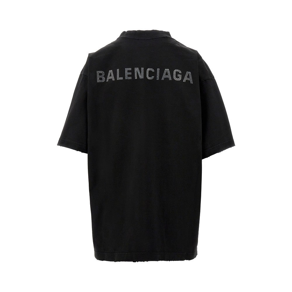 T-shirt distressed con logo strass