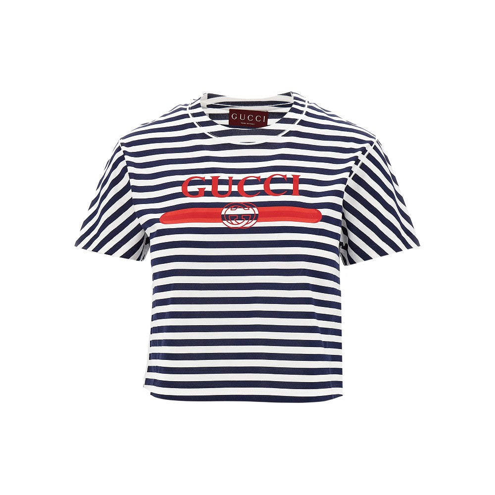 T-shirt cropped a righe con stampa logo