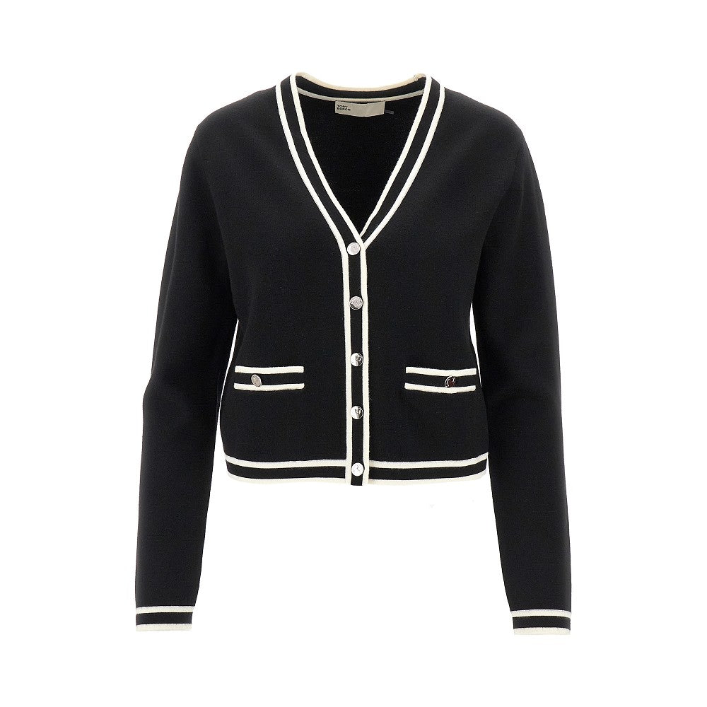 【送料&関税込】Tory Burch Black Viscose Blend Cardigan Black Simone V-neck cardigan - women - TORY BURCH