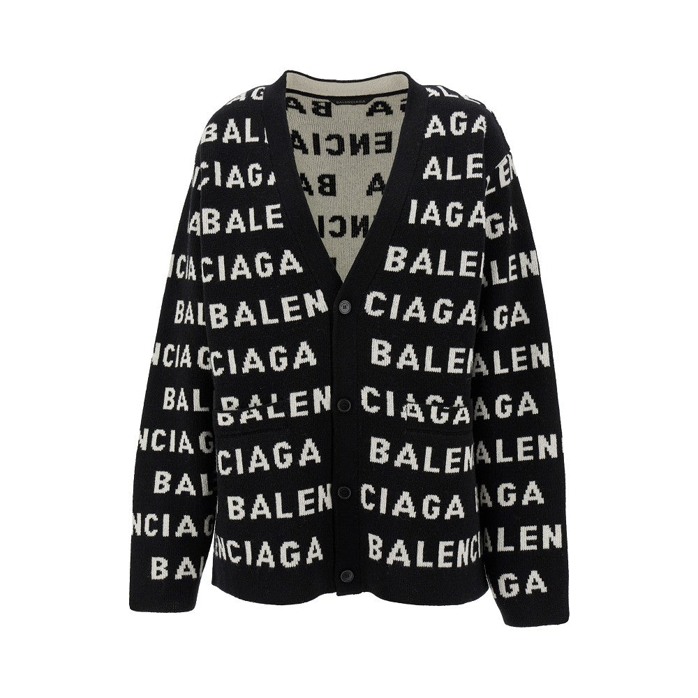 Cardigan in lana jacquard all-over logo