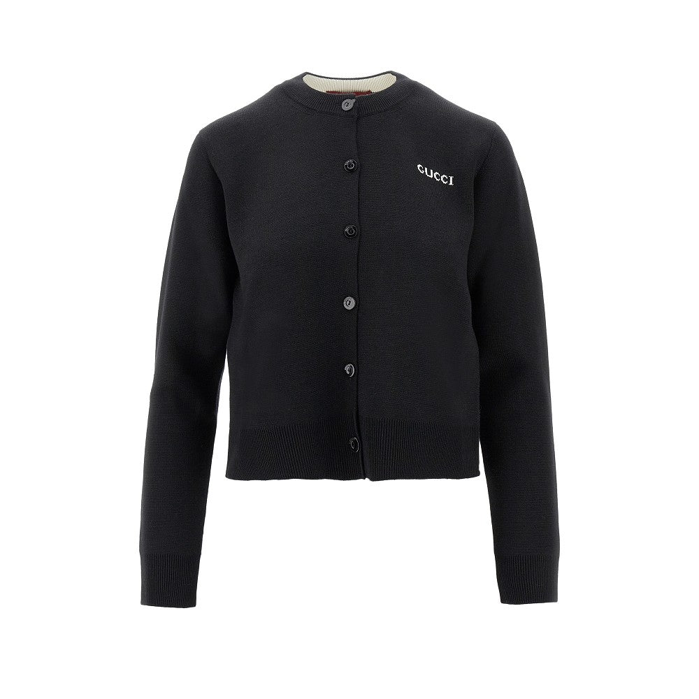 Wool-blend cardigan with jacquard logo