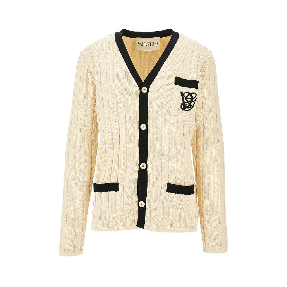 Ribbed cotton cardigan with VG embroidery