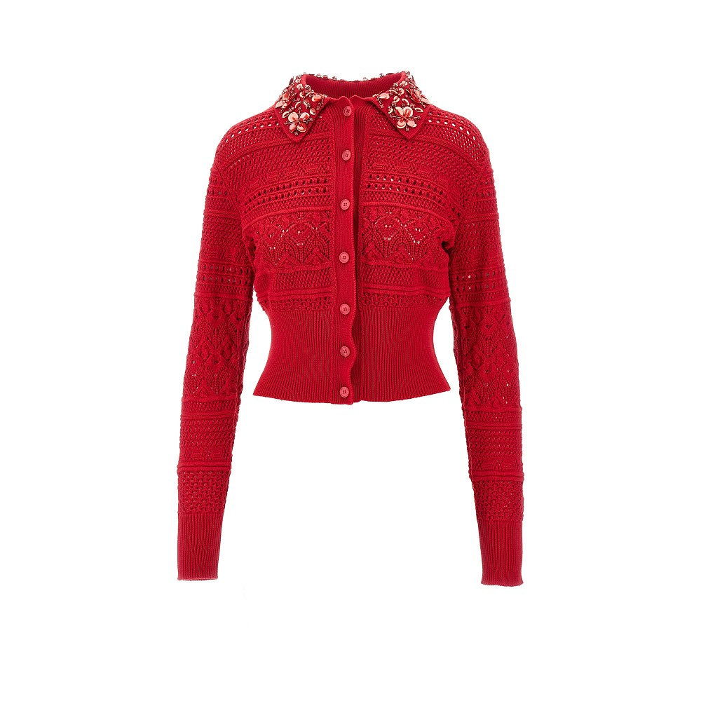 Cotton cardigan with embroidered collar