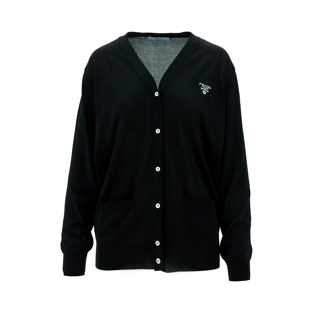 Cardigan in seta con intarsio logo
