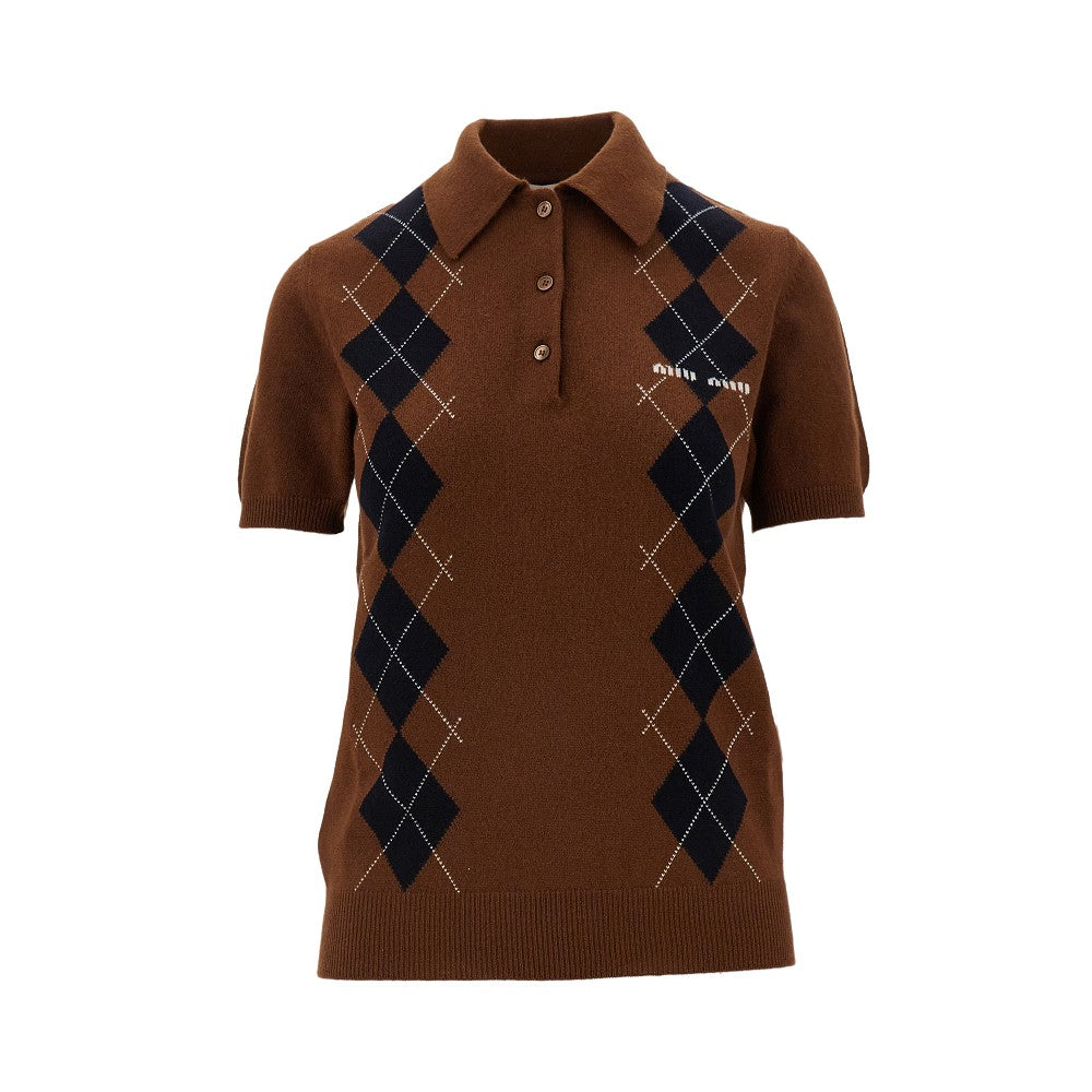 Cashmere knit polo shirt with argyle motif