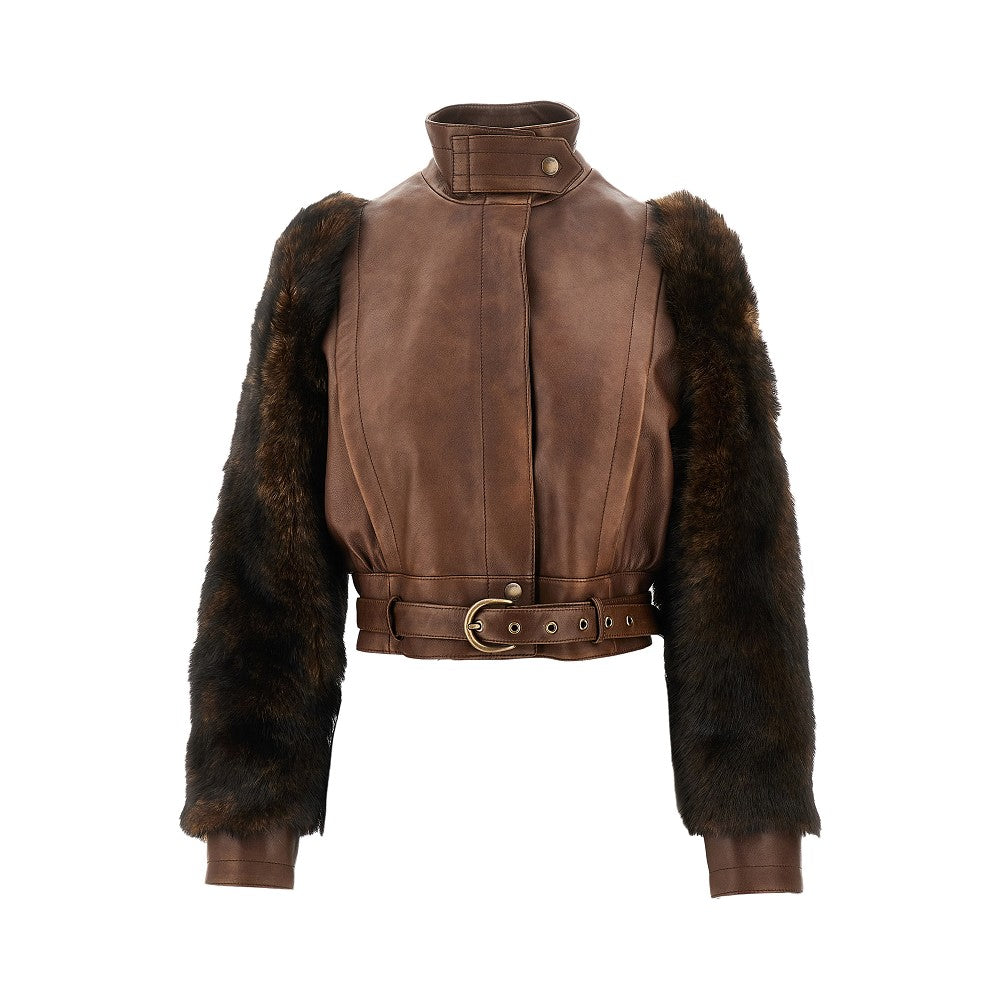 Leather jacket with shearling sleeves
