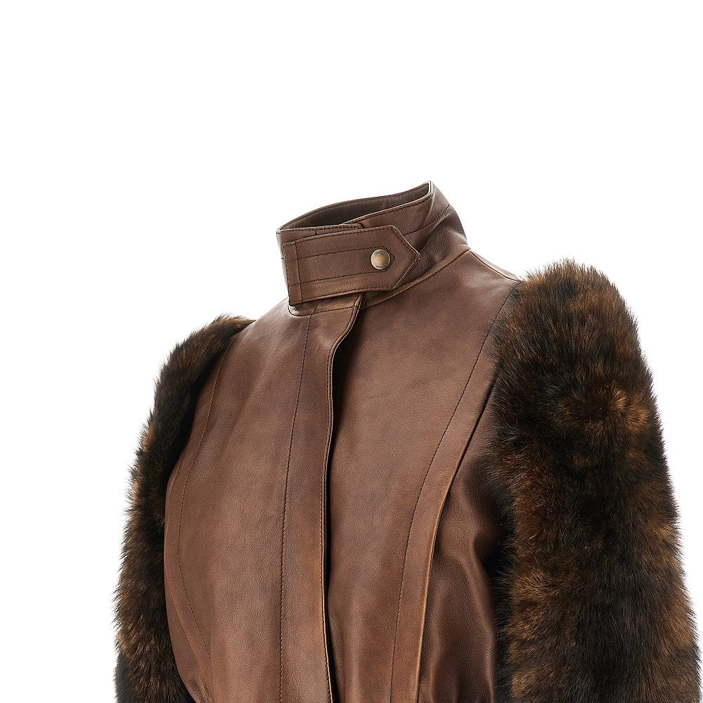 Leather jacket with shearling sleeves