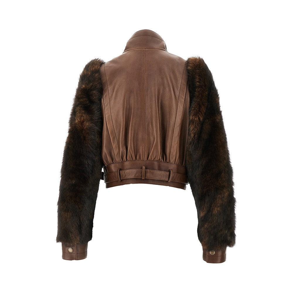 Leather jacket with shearling sleeves