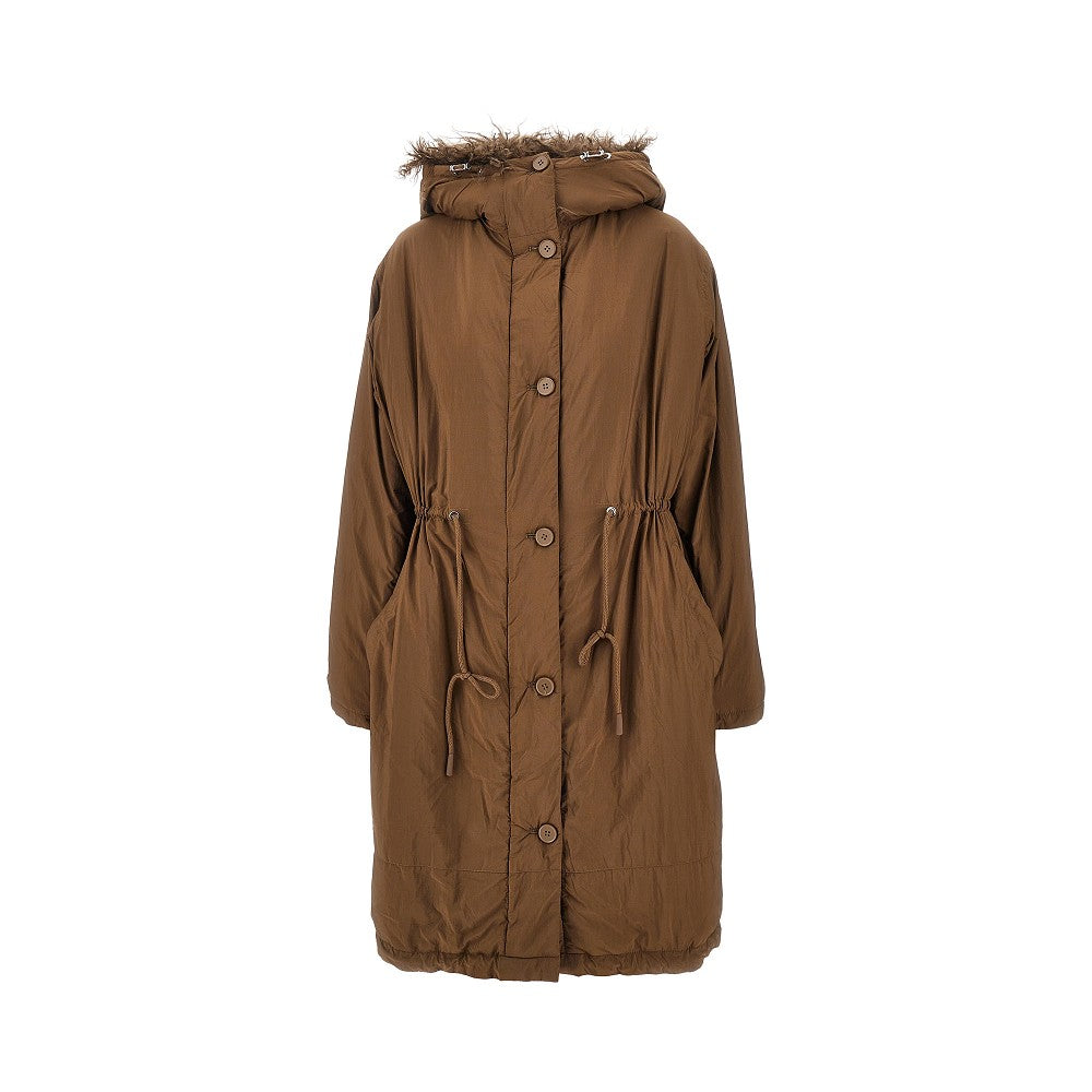 Padded long parka coat with shearling trims