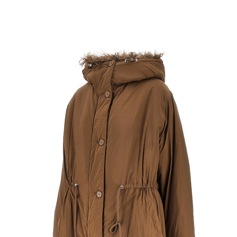 Padded long parka coat with shearling trims