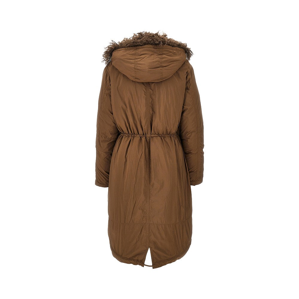 Padded long parka coat with shearling trims