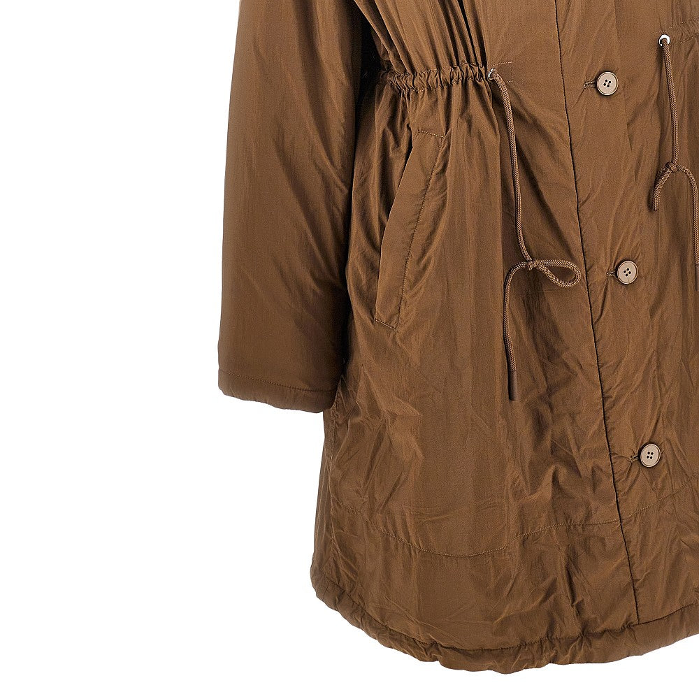 Padded long parka coat with shearling trims