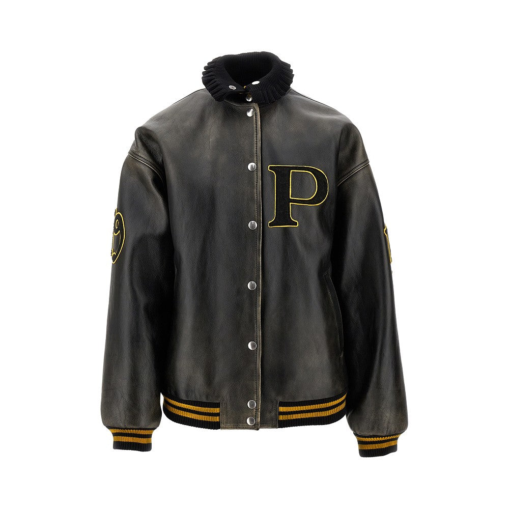 Leather bomber jacket with patches