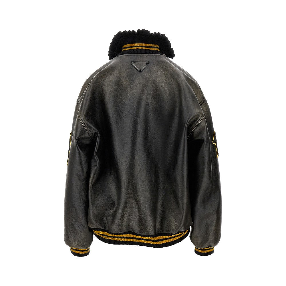 Leather bomber jacket with patches
