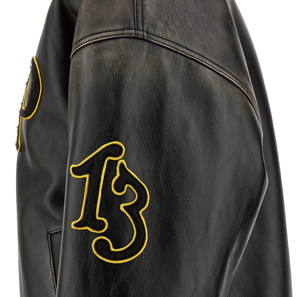 Leather bomber jacket with patches