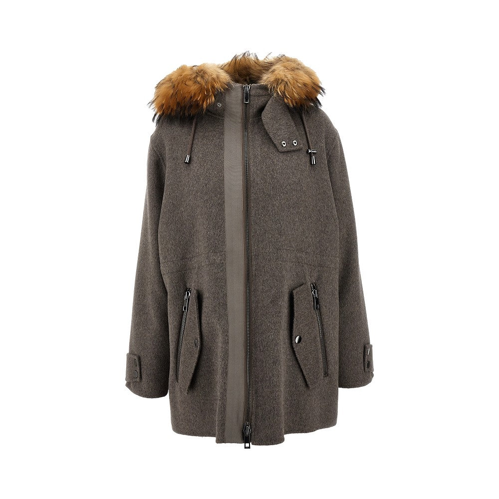 Hooded wool coat with fur trim