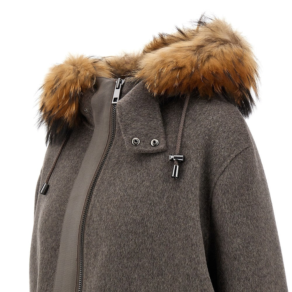 Hooded wool coat with fur trim