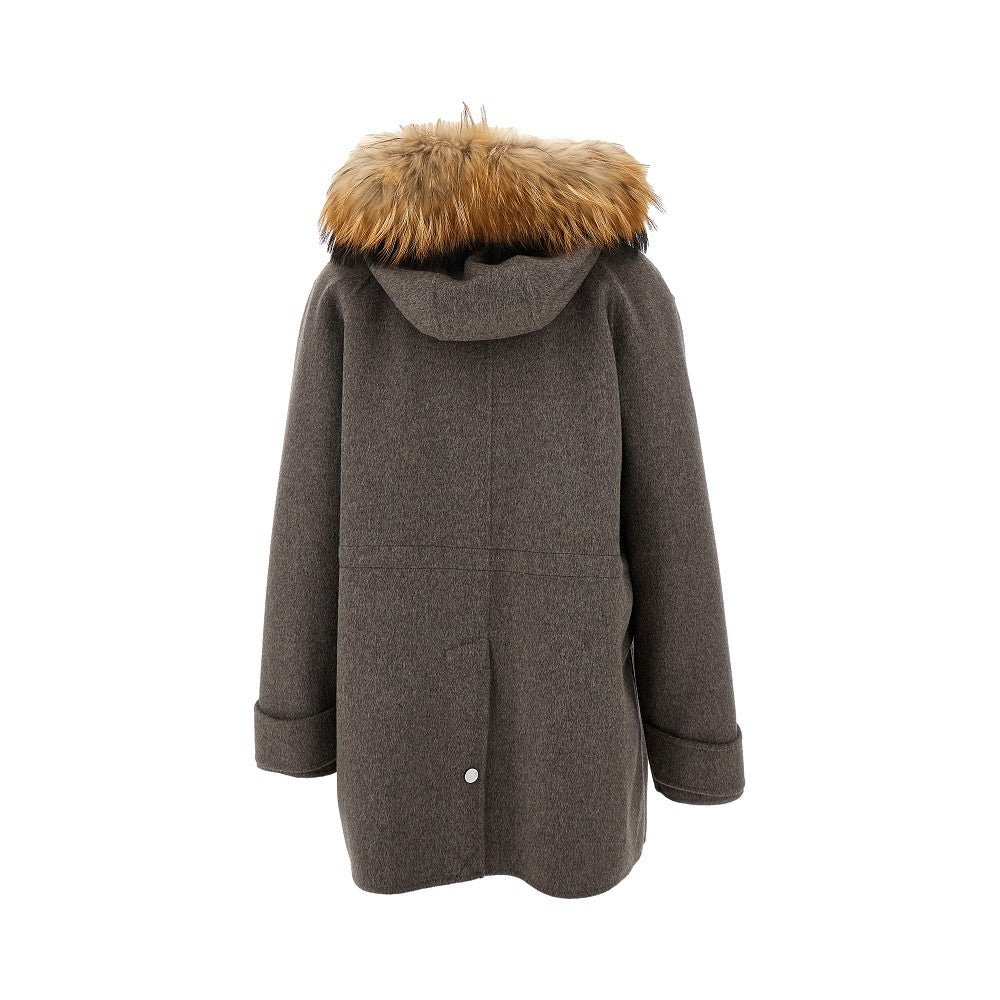 Hooded wool coat with fur trim