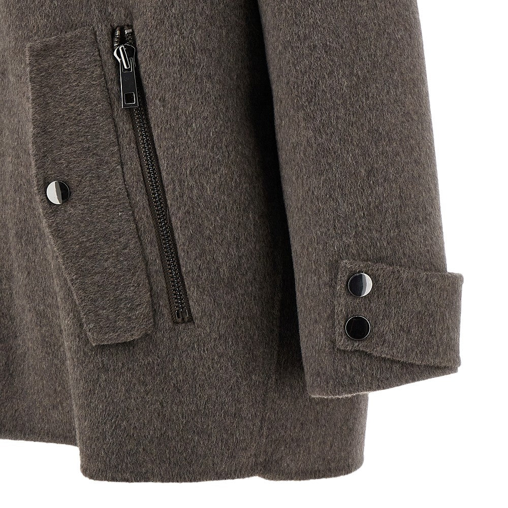 Hooded wool coat with fur trim