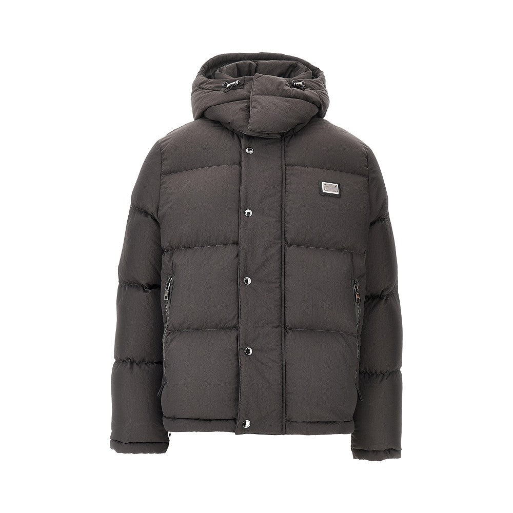 Nylon twill down jacket with logo plate