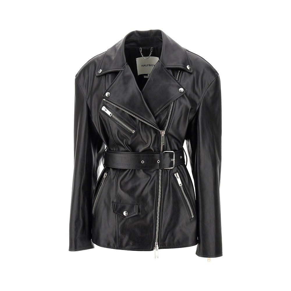 Giacca Biker oversize in pelle con cintura