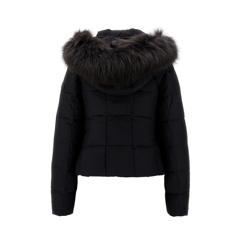 Short down jacket with fur hood trim