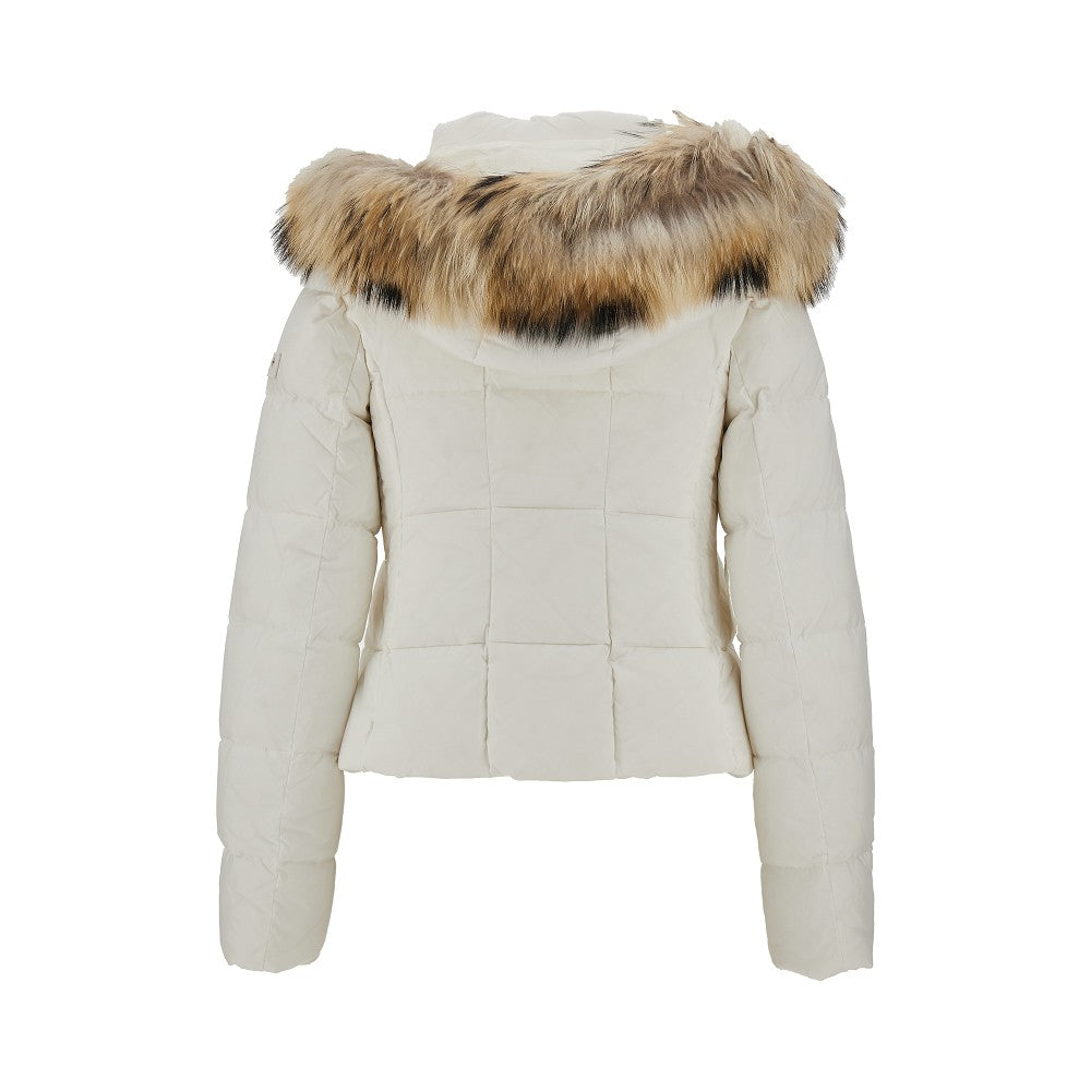 Short down jacket with fur hood trim