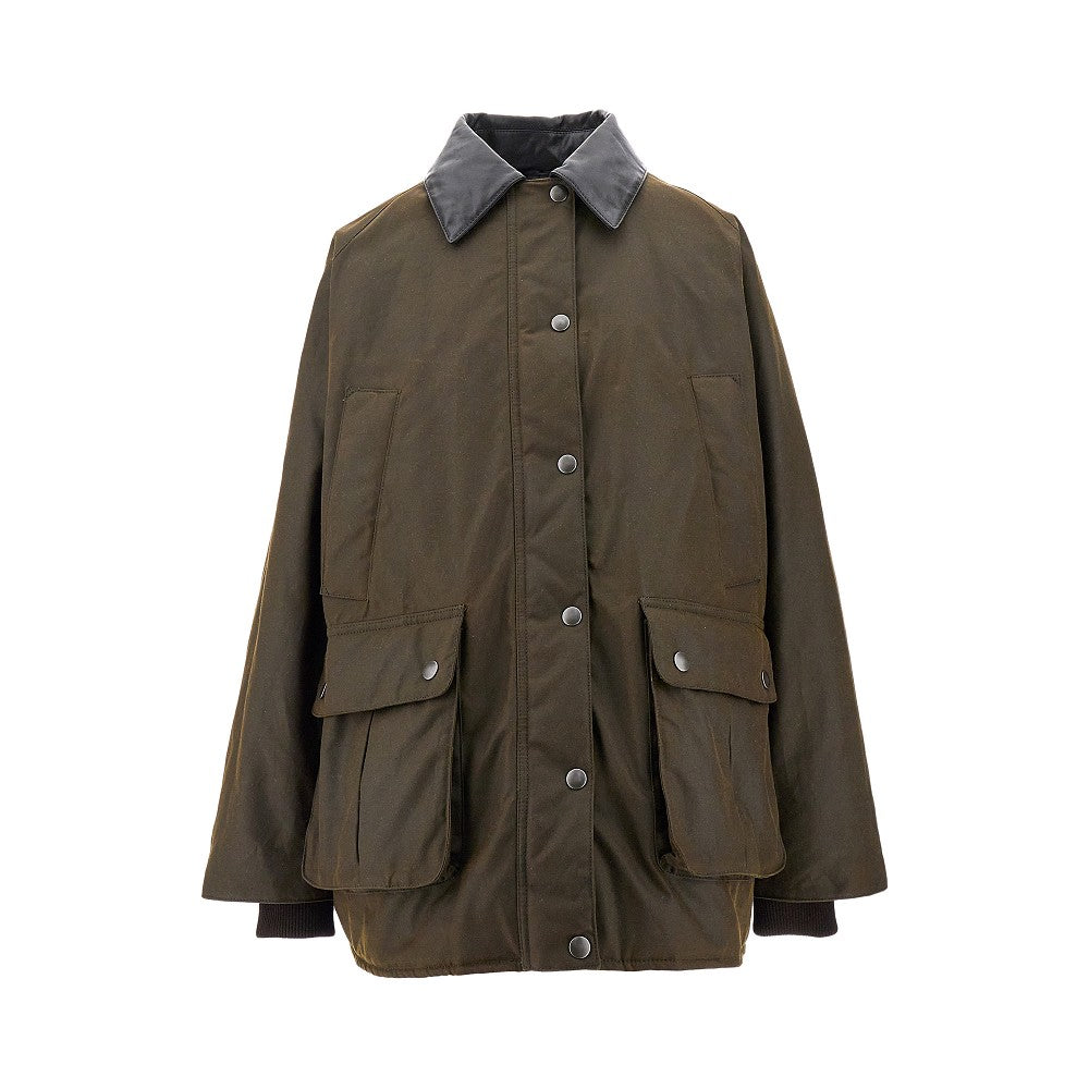 Waxed cotton jacket with leather collar