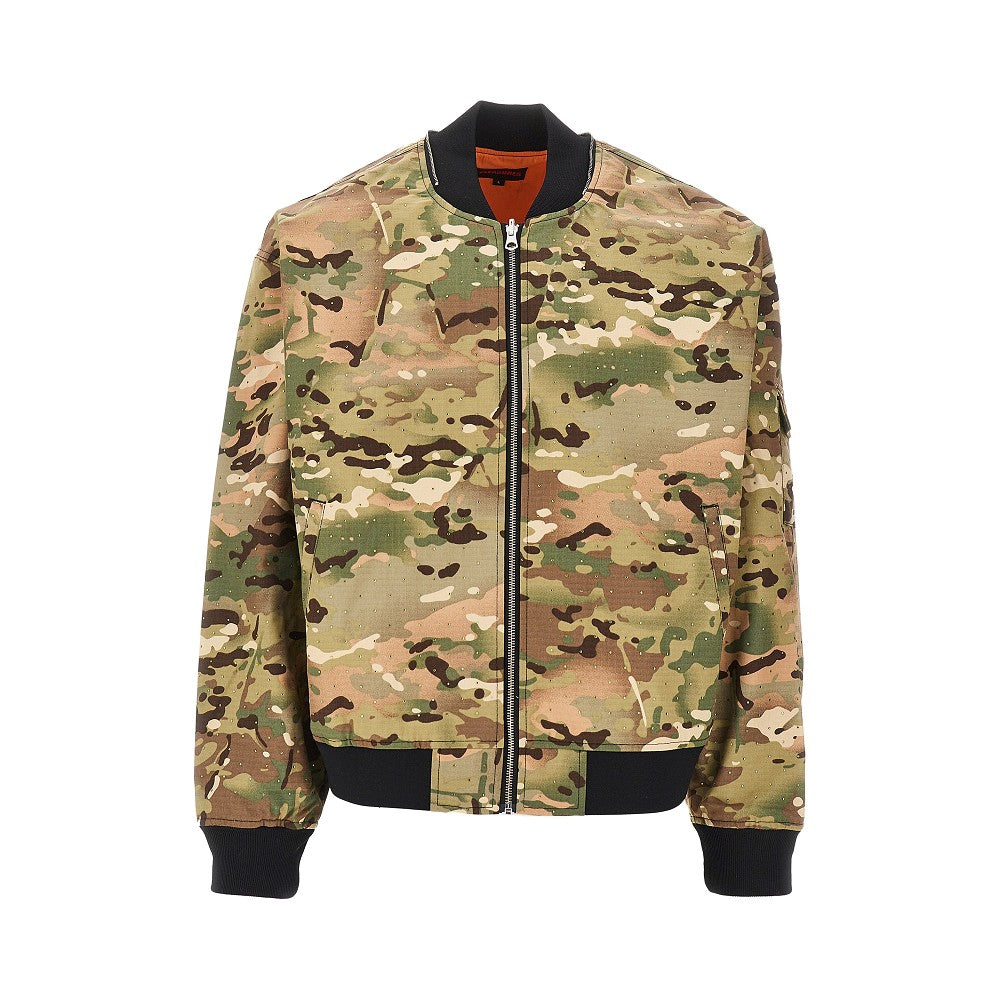 Bomber in cotone camouflage con strass