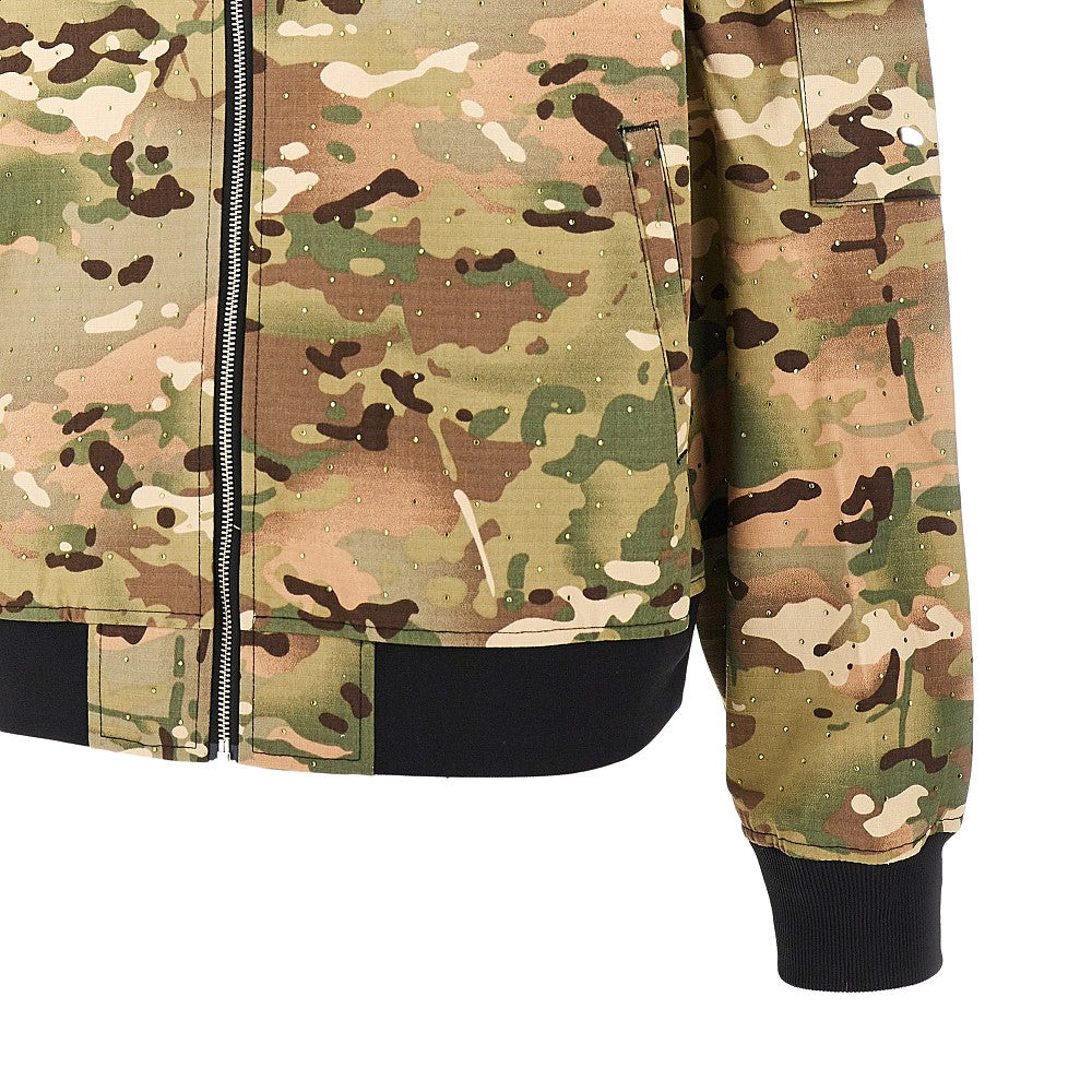 Bomber in cotone camouflage con strass