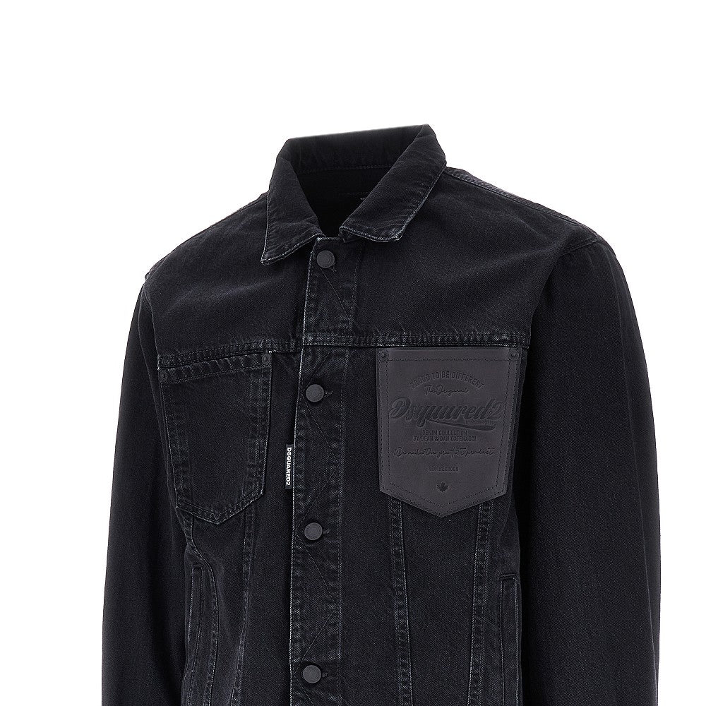 Oversized denim jacket with leather pocket