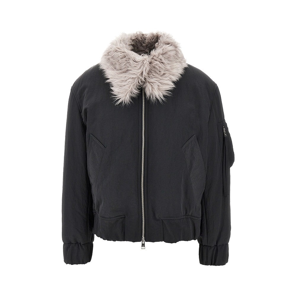Padded nylon bomber with shearling collar