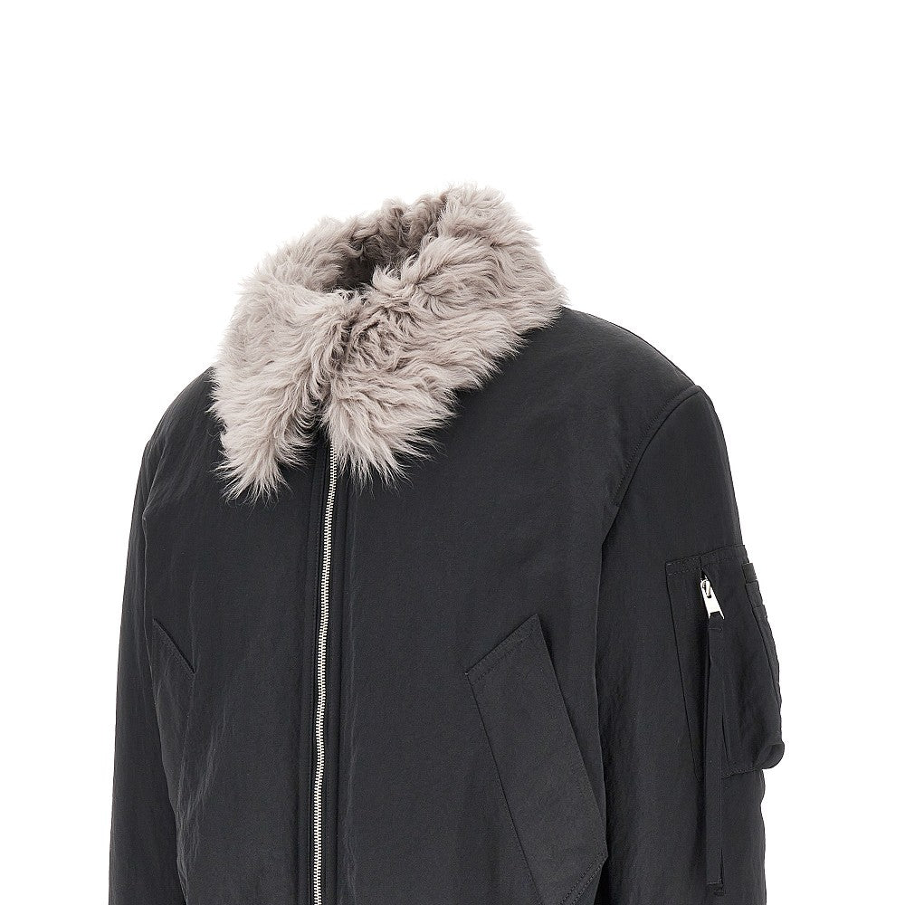 Padded nylon bomber with shearling collar