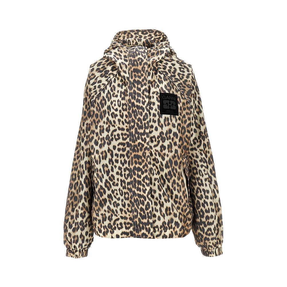 Leopard-print nylon hooded blouson jacket