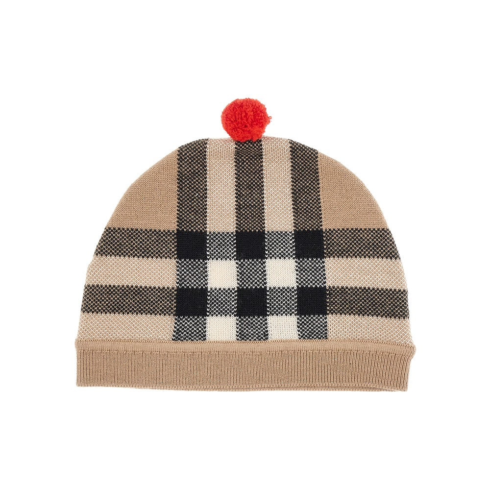 Beanie in lana Check con pompon