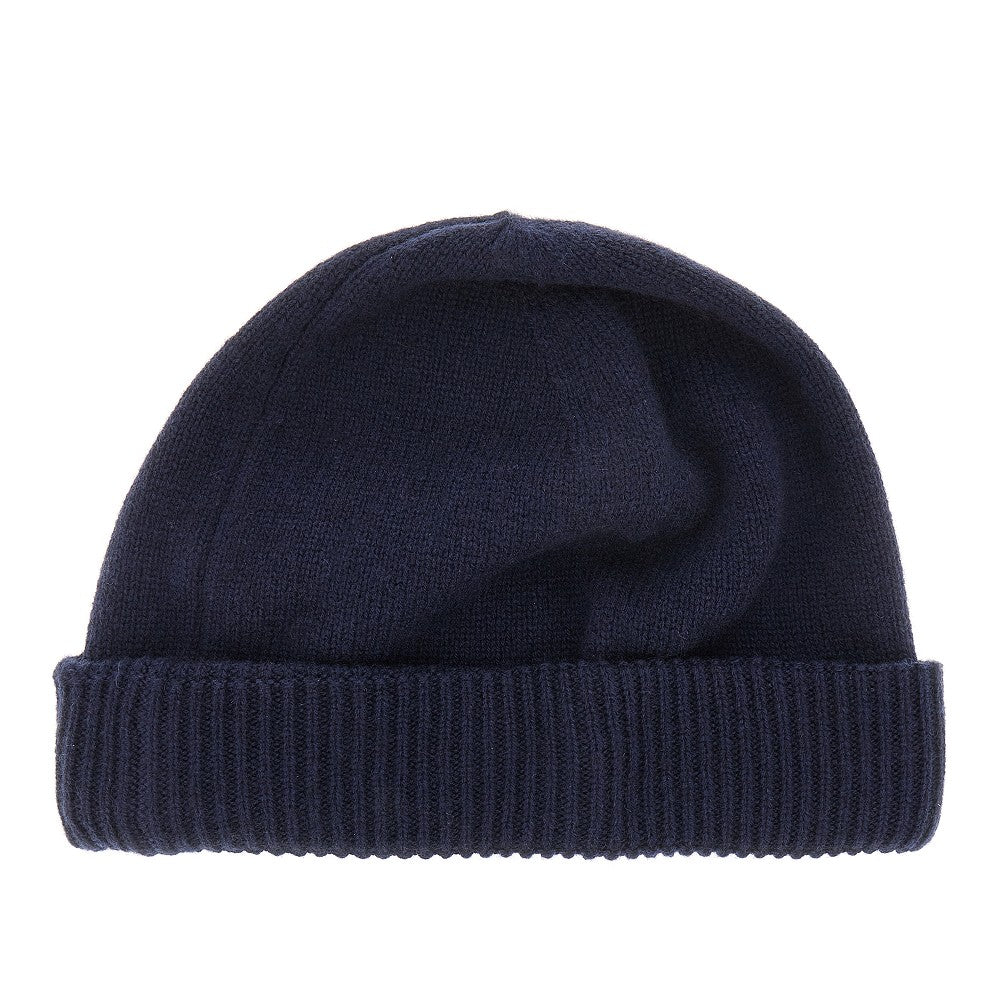 Cashmere beanie hat with leather logo patch