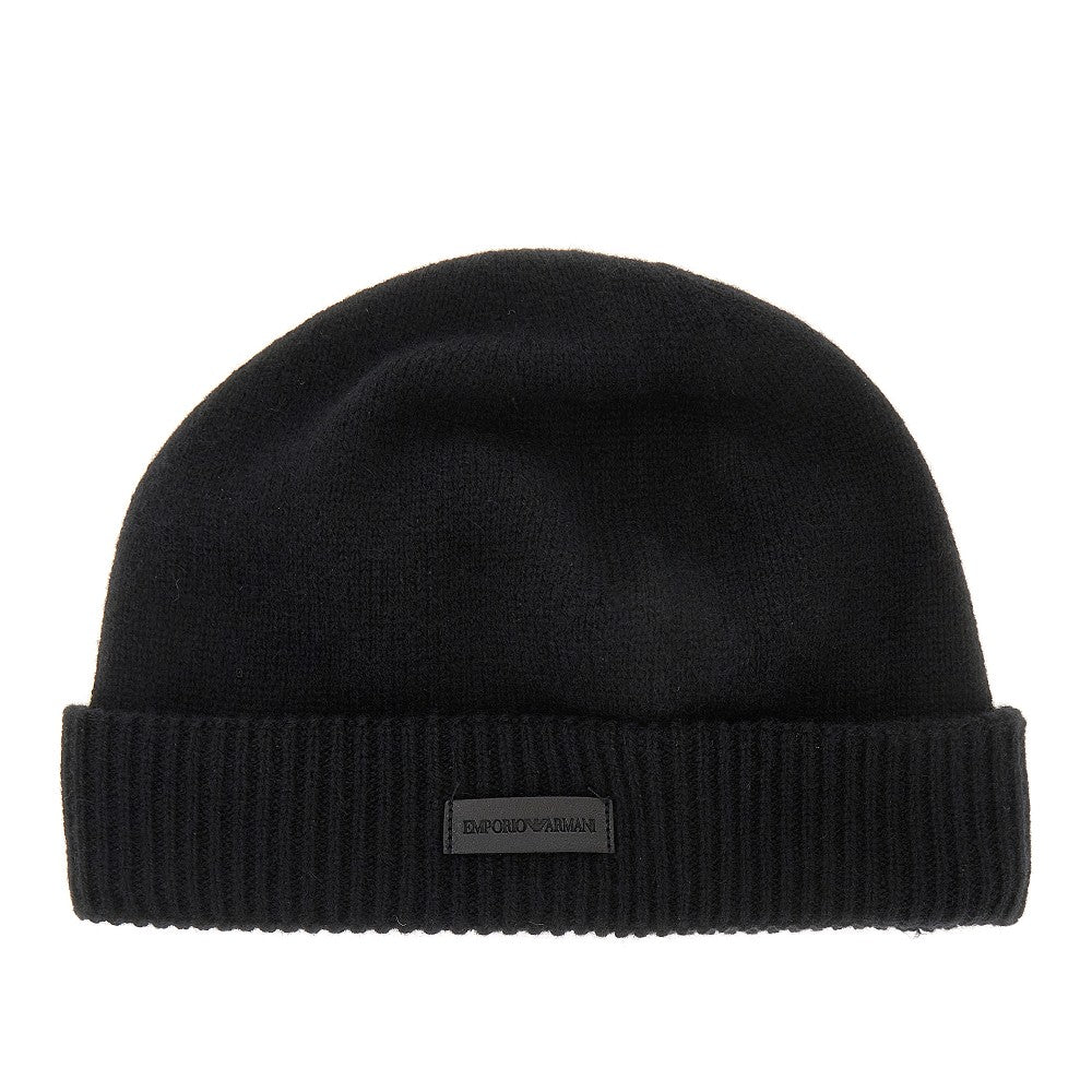 Cashmere beanie hat with leather logo patch