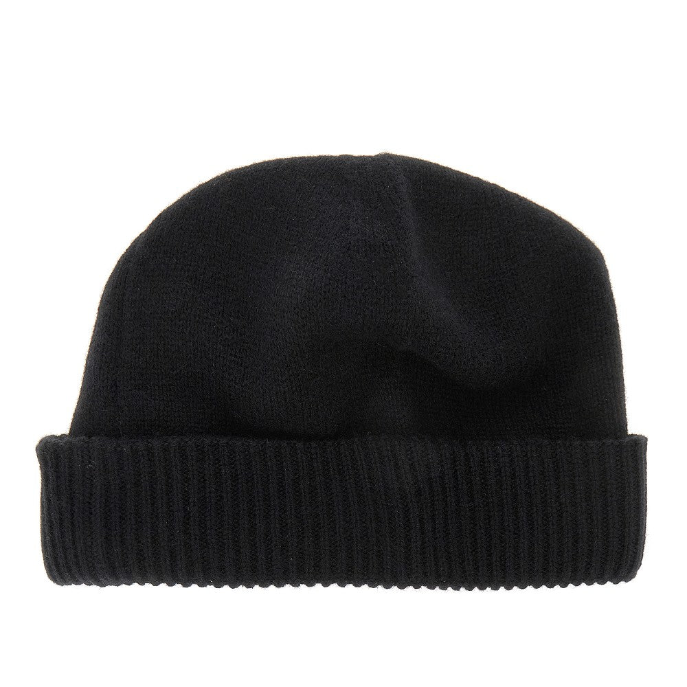 Cashmere beanie hat with leather logo patch