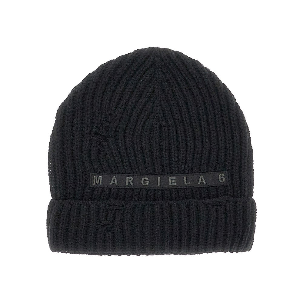 Beanie a coste con effetto sdrucito