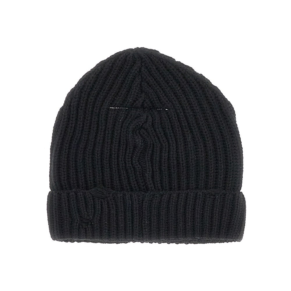 Distressed effect ribbed beanie hat