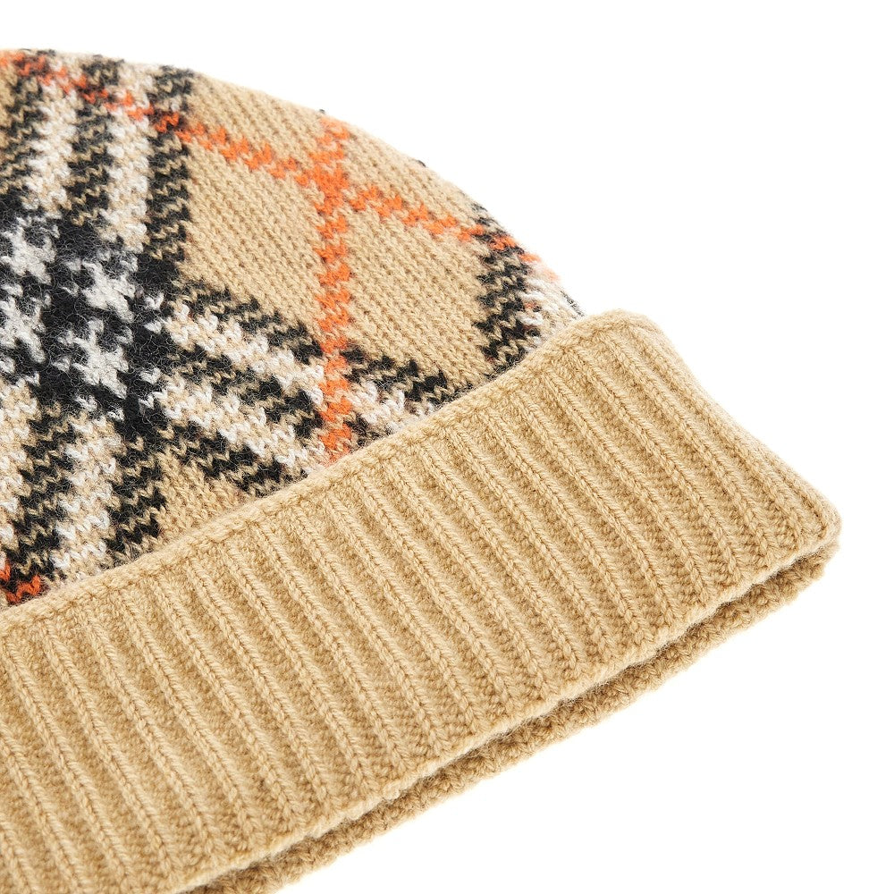 Check cashmere-blend beanie hat