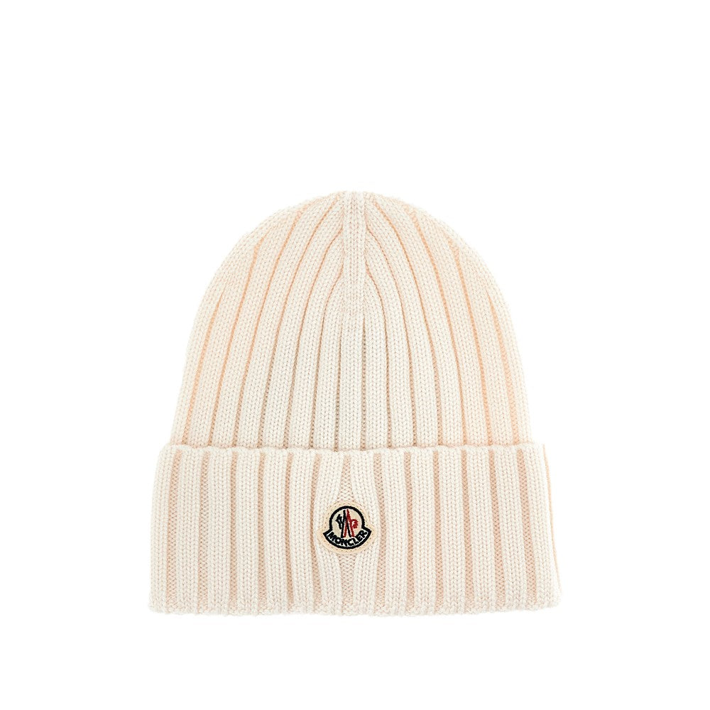 Logo patch ribbed wool beanie hat