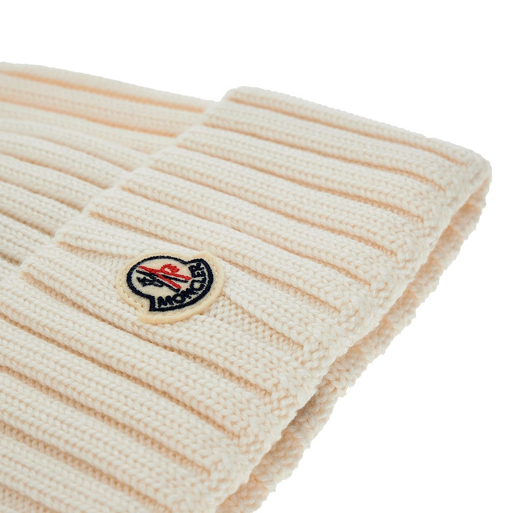 Logo patch ribbed wool beanie hat