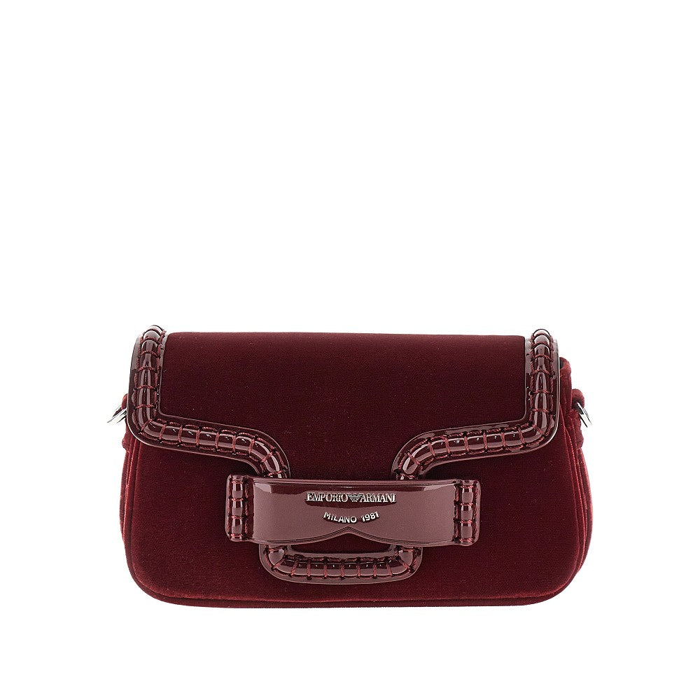 Velvet and faux patent leather clutch