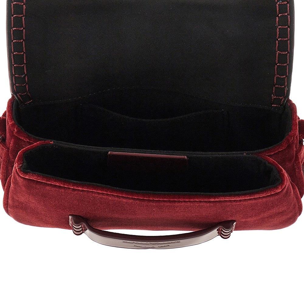Velvet and faux patent leather clutch