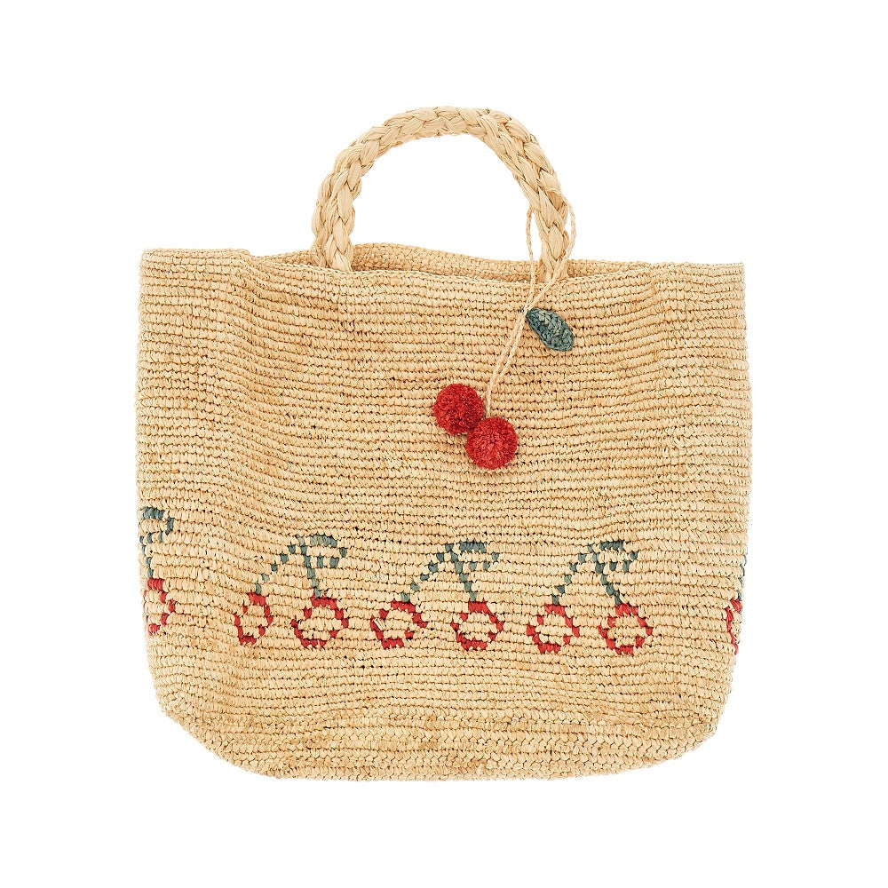 Woven raffia baby girl tote bag with cherries