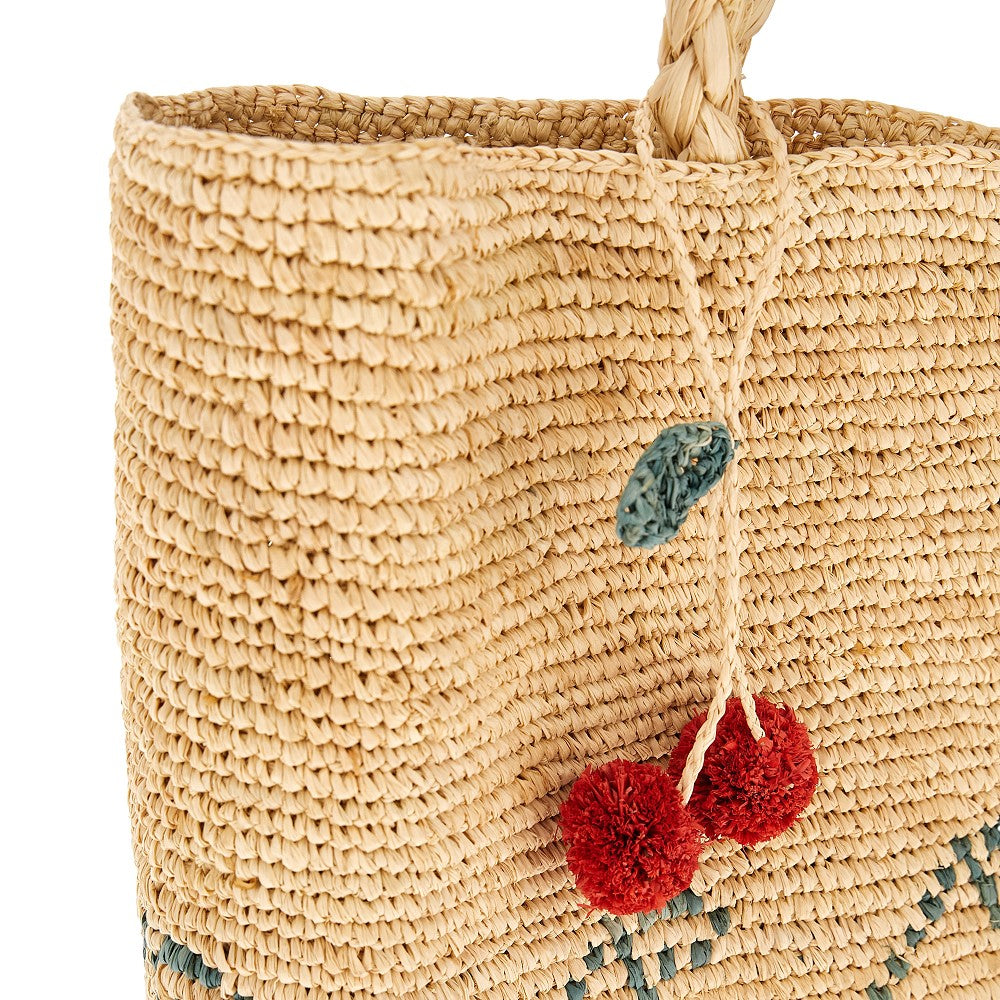 Woven raffia baby girl tote bag with cherries