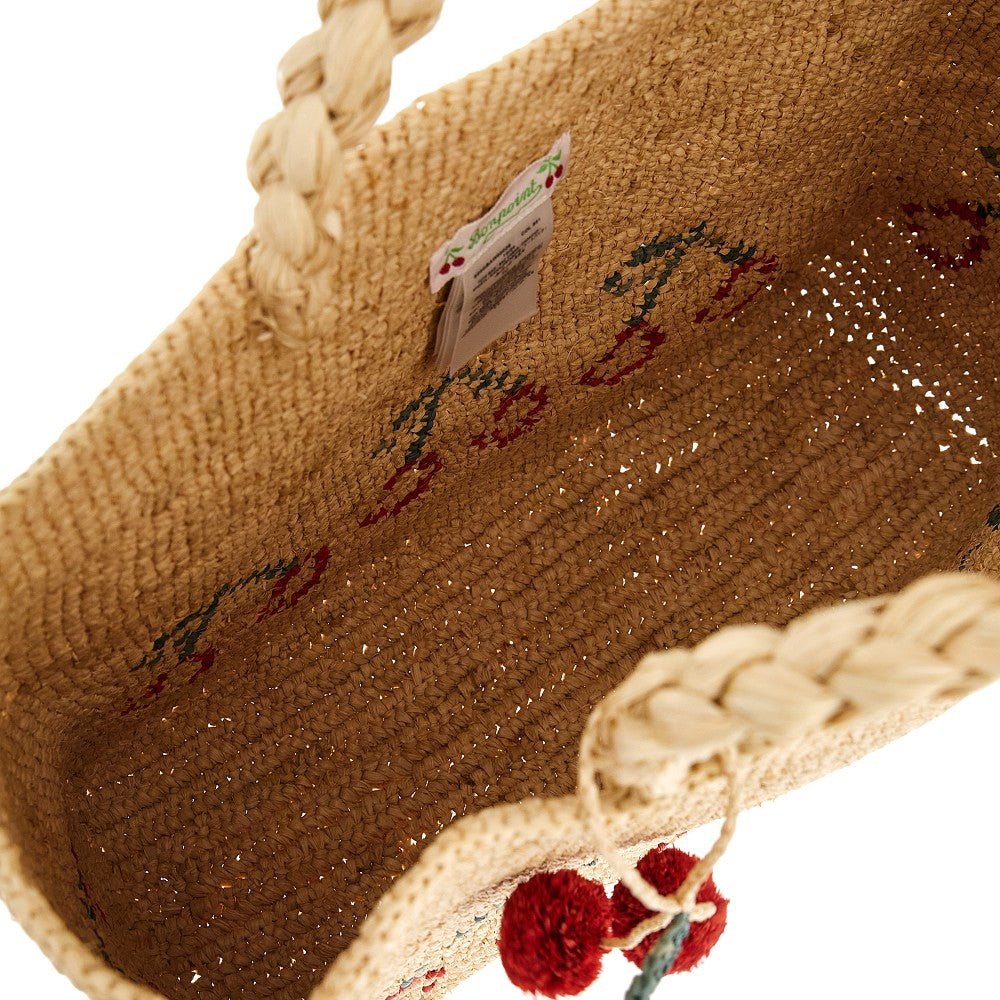Woven raffia baby girl tote bag with cherries