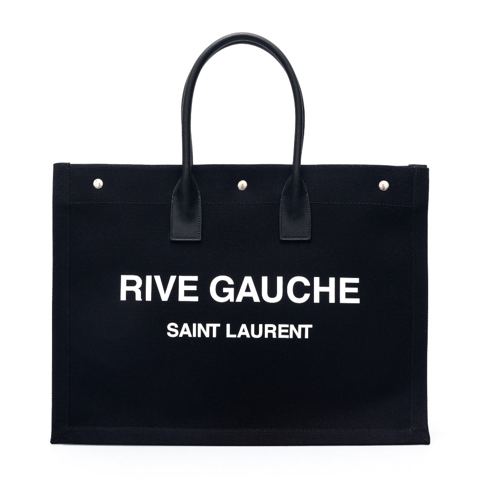 Black tote bag with brand print